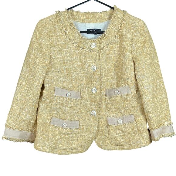 Talbots Womens Jacket Gold Tweed Classic Jackie O Blazer Lined Cotton Blend 6P - Picture 1 of 12